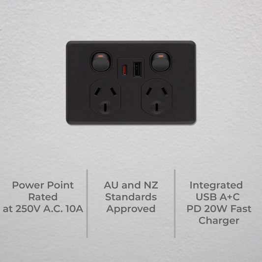 Deta x6 Double Power Point - 50 x 74 x 115mm - Matte Black