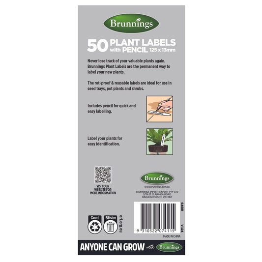 Brunnings Plant Labels with Pencil - 125 x 13mm - 50 Pack