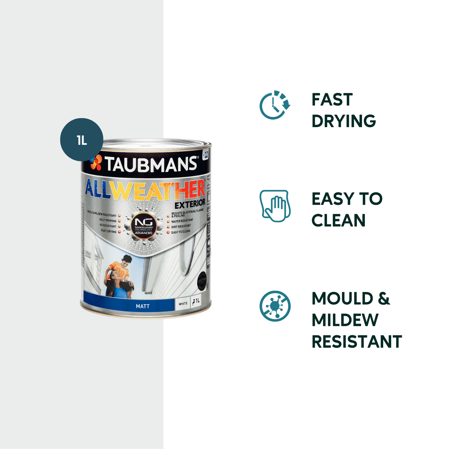 Taubmans All Weather Exterior Paint - 1L - White - Matt