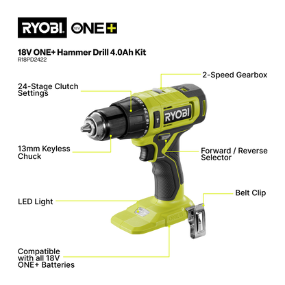 Ryobi Hammer Drill Kit - 18V ONE+ - 2Ah & 4Ah - 13mm