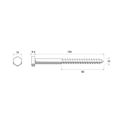 Zenith Hot Dip Galvanised Hex Head Coach Screws - M10 x 130mm - 25 Pack