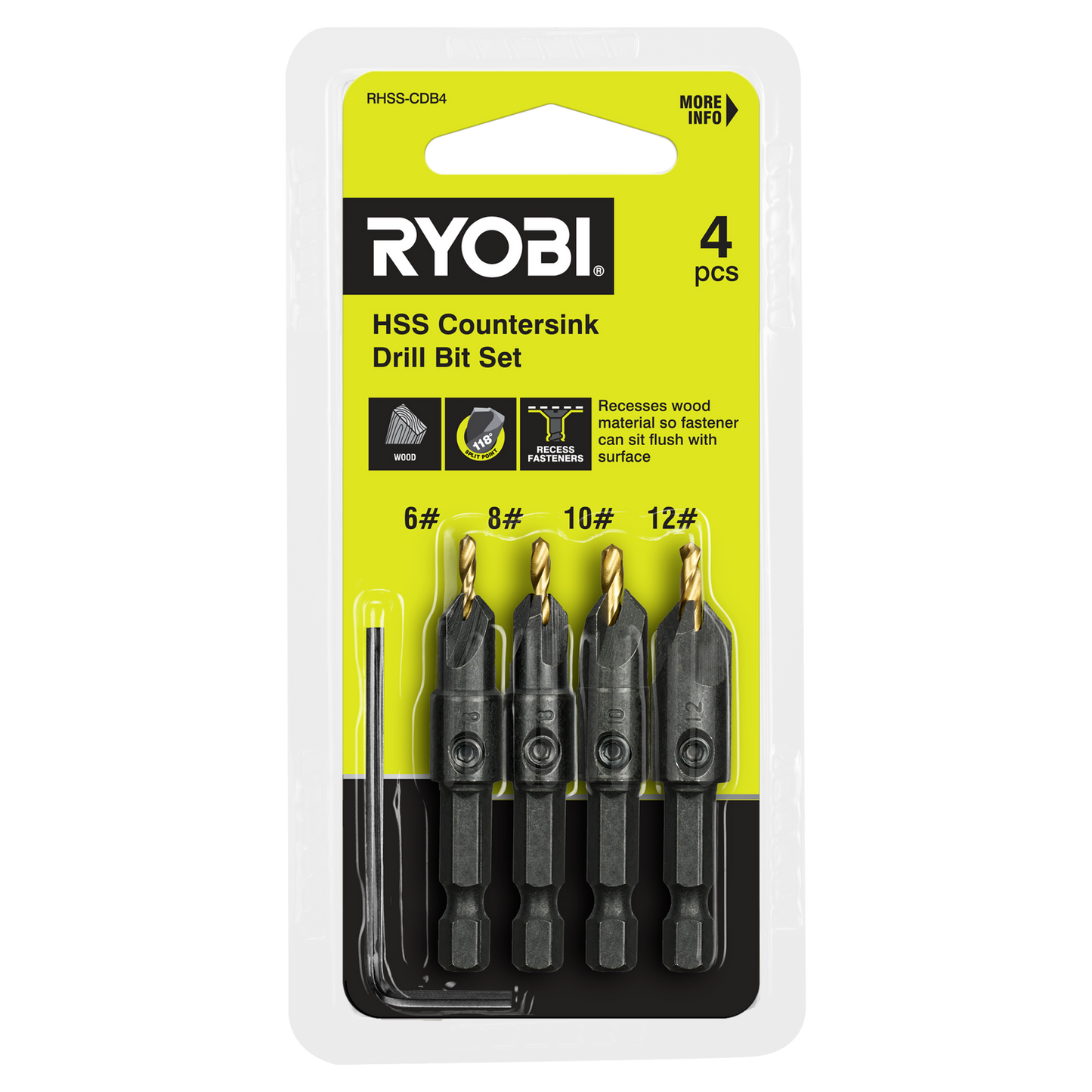 Ryobi Countersink Drill Bit Set - #6, #8, #10, #12 - 4 Piece