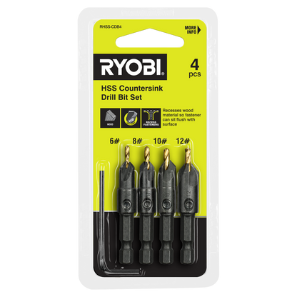 Ryobi Countersink Drill Bit Set - #6, #8, #10, #12 - 4 Piece