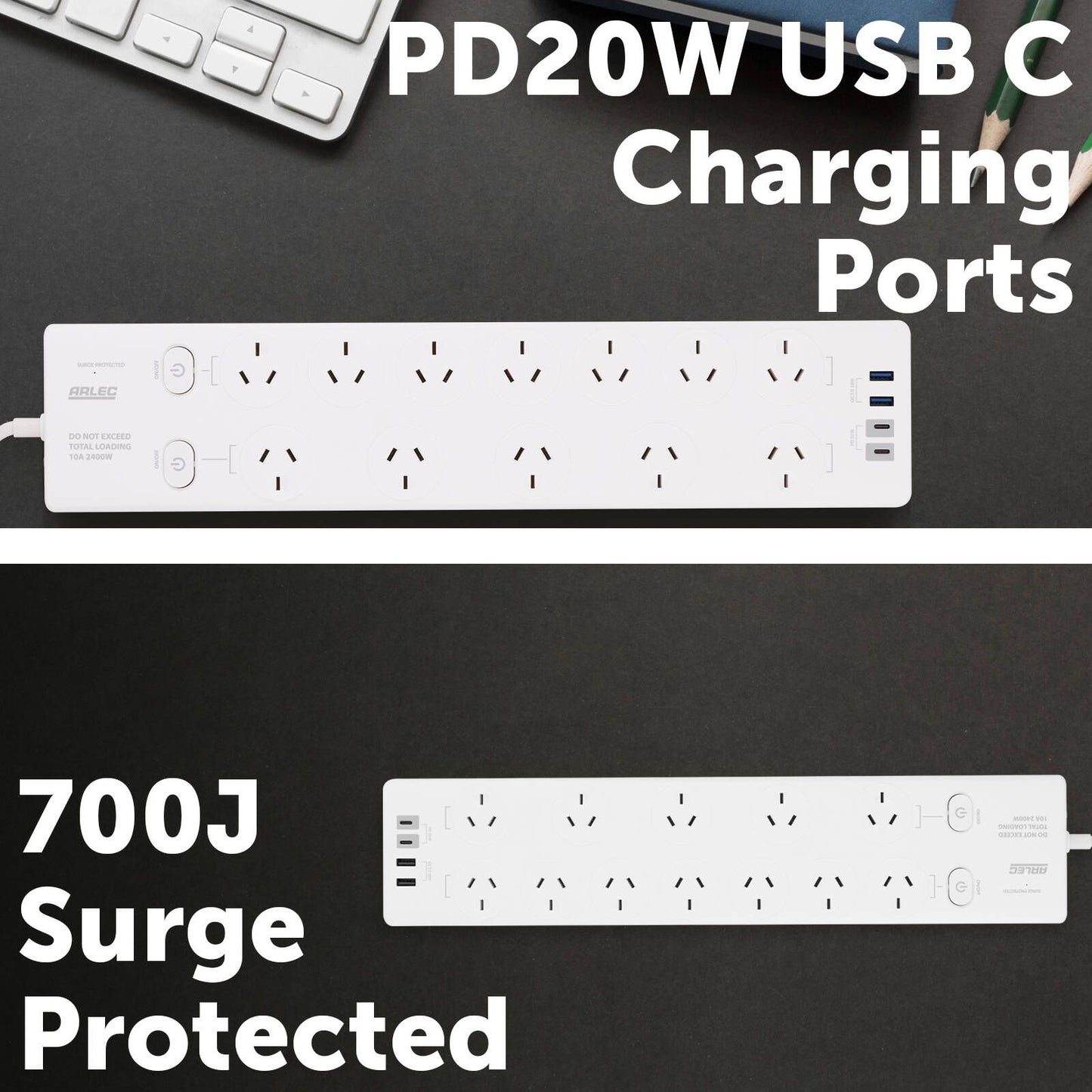 Arlec Surge Protected Powerboard - 12 Outlet - 190 x 30mm - White