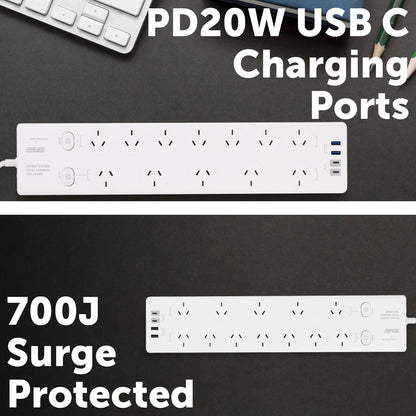 Arlec Surge Protected Powerboard - 12 Outlet - 190 x 30mm - White