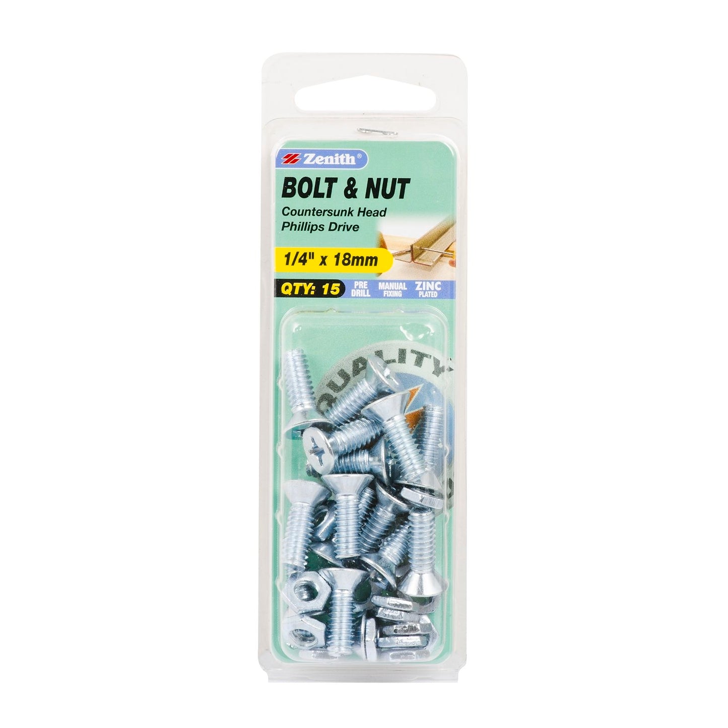 Zenith Countersunk Bolt & Nut - 1/4 x 18mm - 15 Pack
