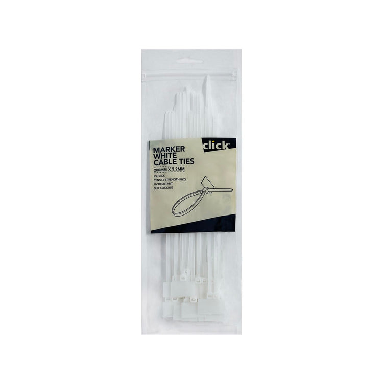 Click Marker White Cable Tie  200mm - 25 Pack
