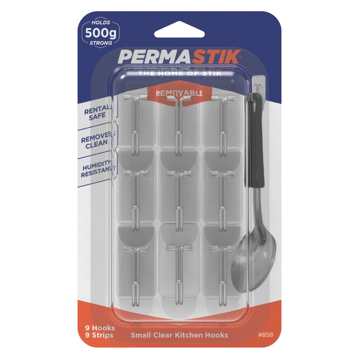 Permastik Small Kitchen Hooks - 9 Pack - Clear - Removable Adhesive