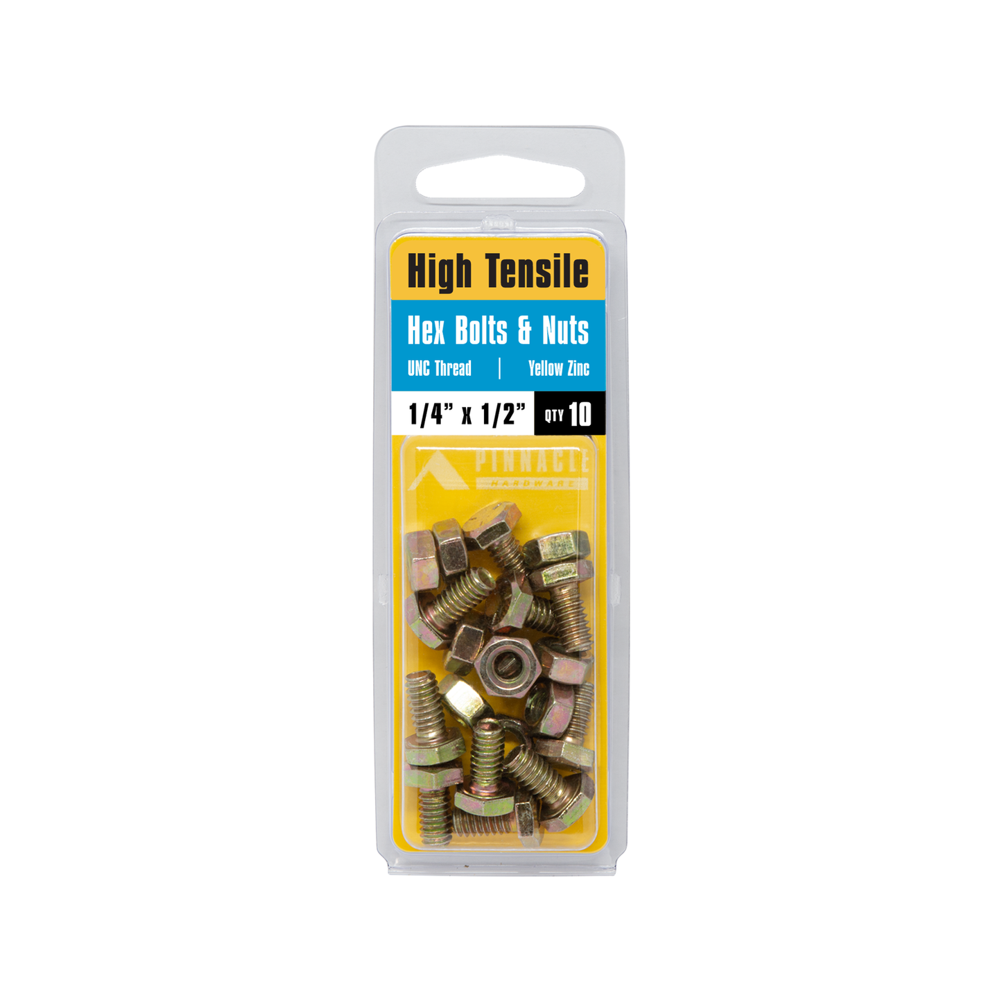 Pinnacle Hex Bolt and Nut - 1/4 x 1/2" - Yellow - 10 Pack