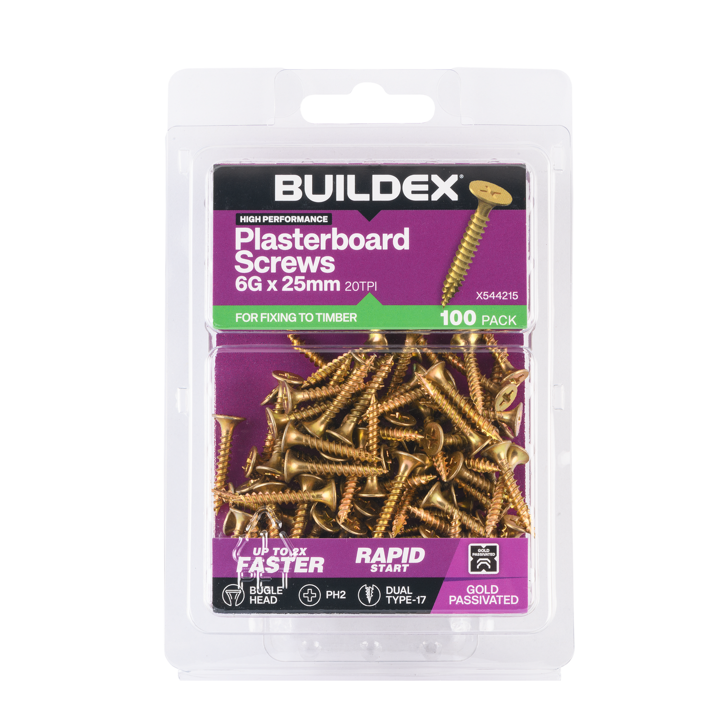 Buildex Plasterboard Screws - 6g x 25mm - Gold - 100 Pack