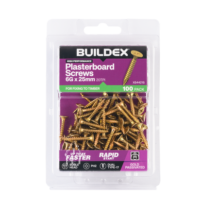 Buildex Plasterboard Screws - 6g x 25mm - Gold - 100 Pack