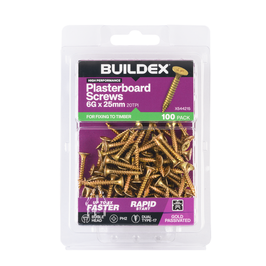 Buildex Plasterboard Screws - 6g x 25mm - Gold - 100 Pack
