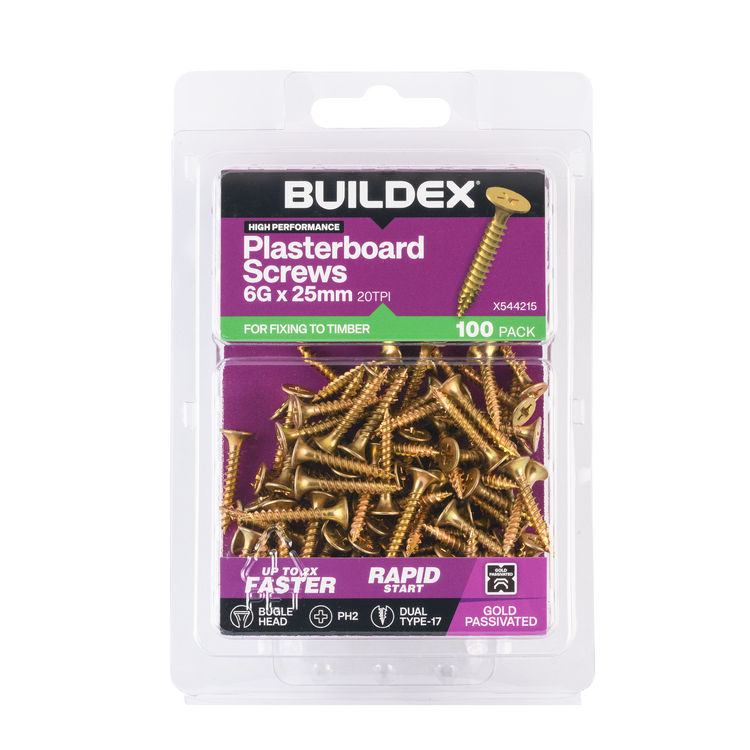 Buildex Plasterboard Screws - 6g x 25mm - Gold - 100 Pack