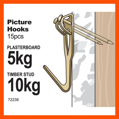 Everhang 10kg Brass Plated Picture Hanging Hook 15 Pack Durable Use