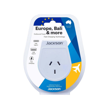 Jackson Outbound Slim USB A & C Outbound Travel Adaptor - Europs, Bali