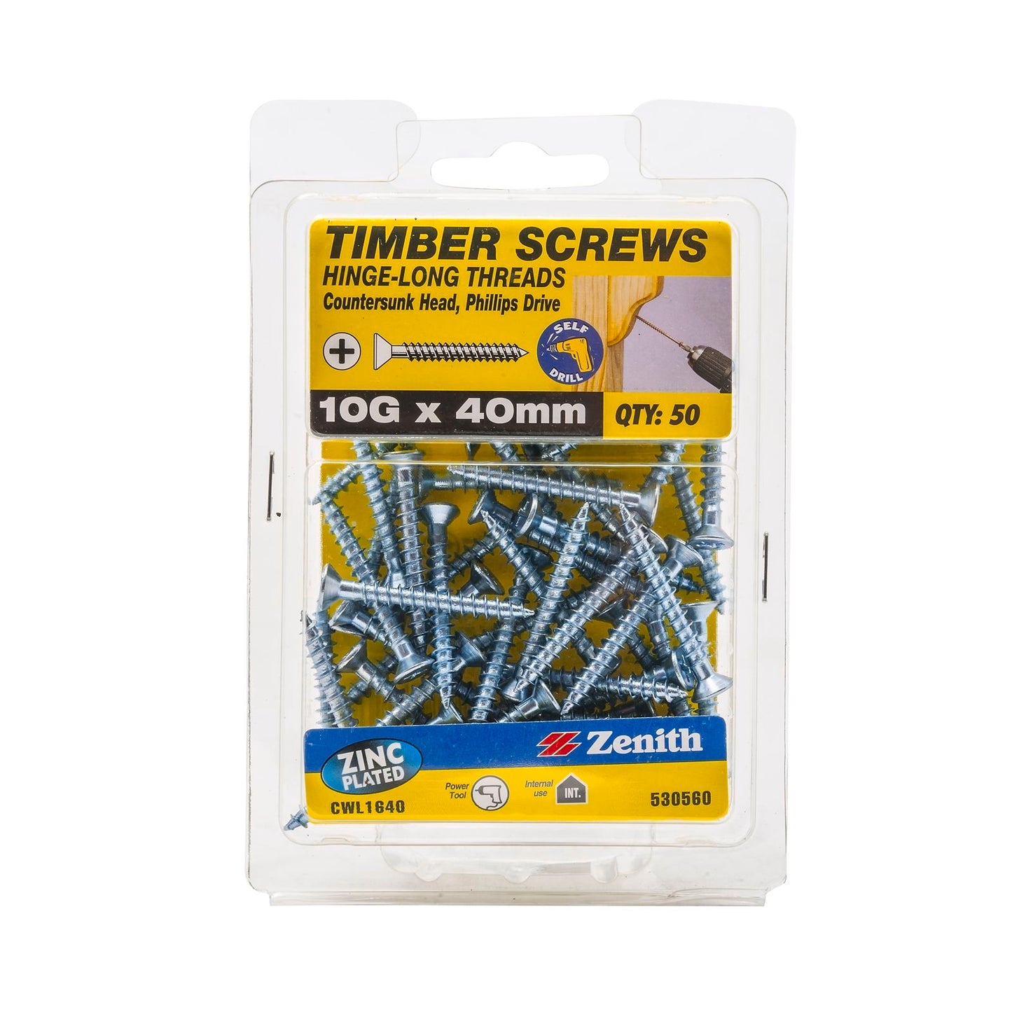 Zenith Hinge Long Thread Screw - 10g x 40mm - Zinc - 50 Pack