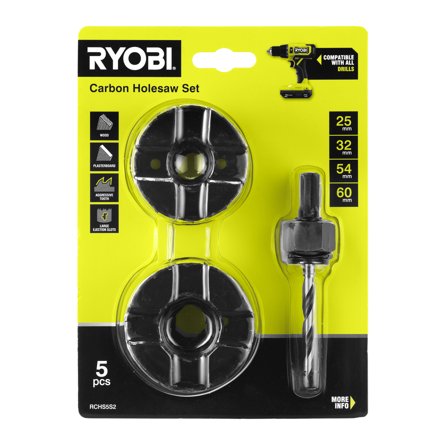 Ryobi Carbon Holesaw Set - 25-60mm - 5 Piece