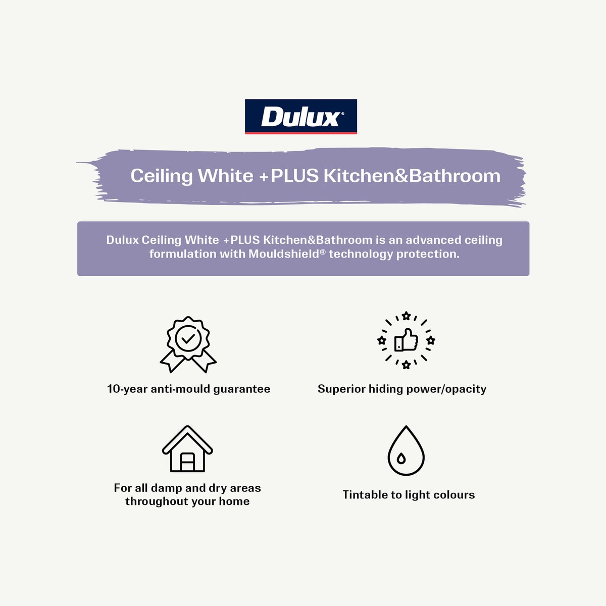 Dulux White Ceiling Plus Paint 1L Water-Based Flat Finish Mould Shield