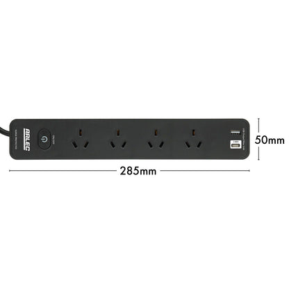 Arlec Black Surge Protected Powerboard - 4 Outlet - 285mm