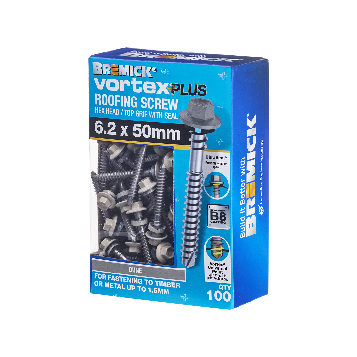 Bremick Vortex Plus Roofing Screw - 6.2 x 50mm - Hex B8 - Dune - 100 Pack