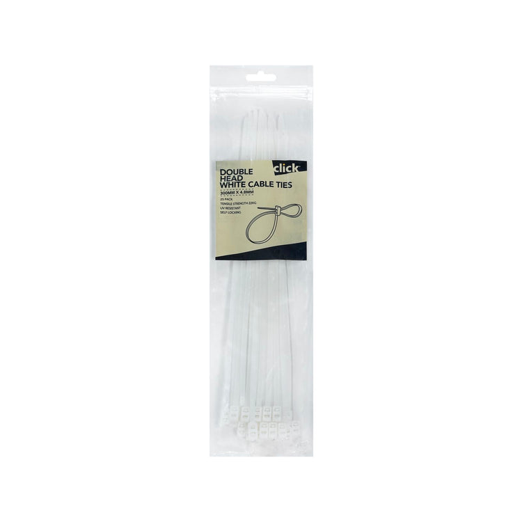 Click Double Headed White Cable Tie 300mm - 25 Pack