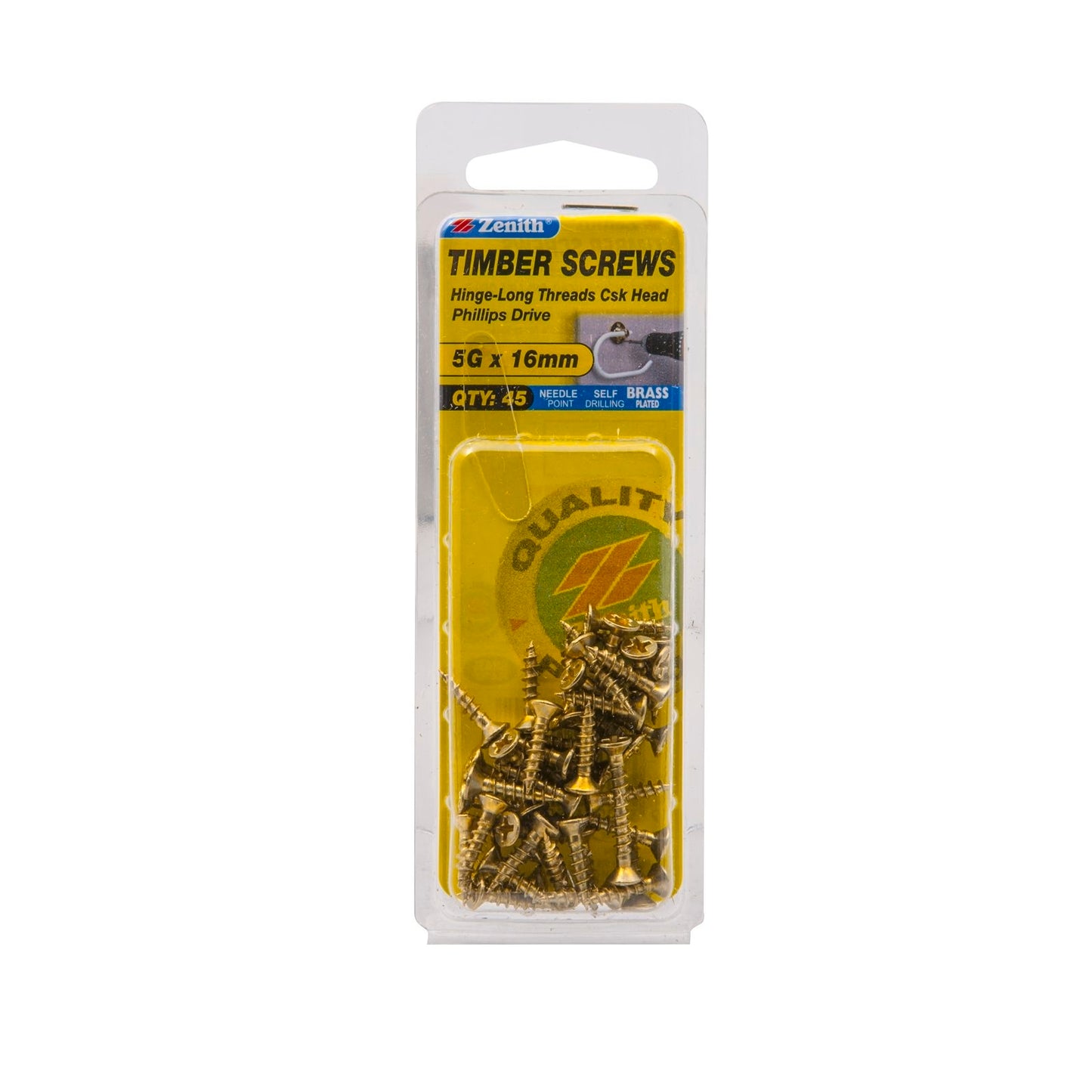 Zenith Hinge Long Thread Screws - 5g x 16mm - Brass - 45 Pack