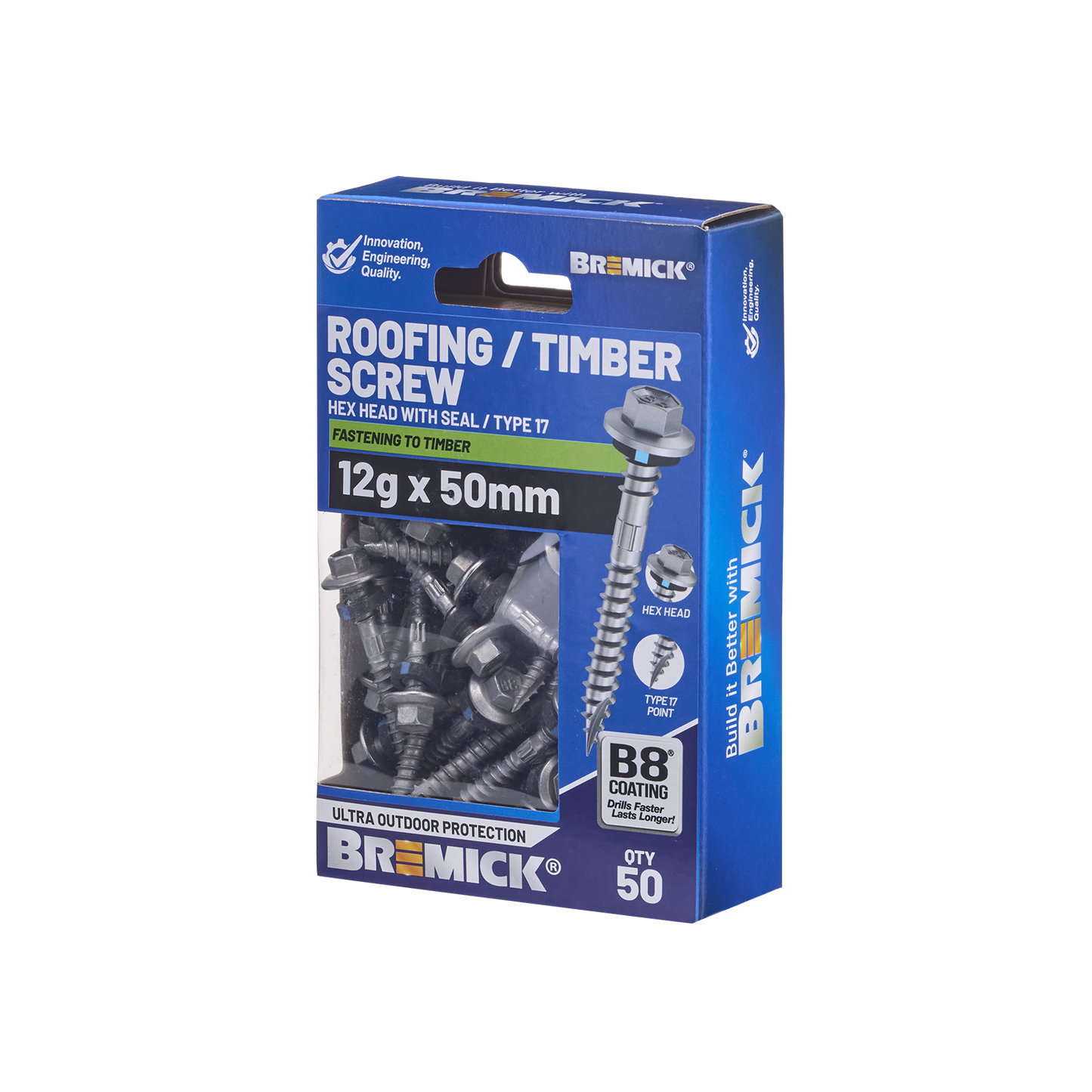 Bremick Hex Roofing Screw - 12g x 50mm - B8 - 50 Pack