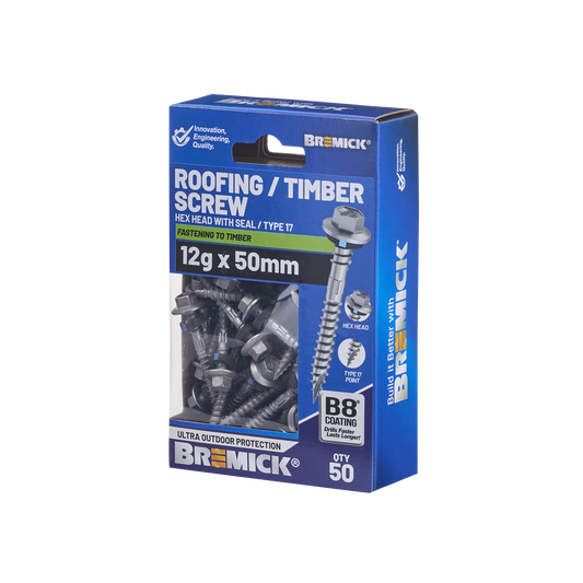 Bremick Hex Roofing Screw - 12g x 50mm - B8 - 50 Pack