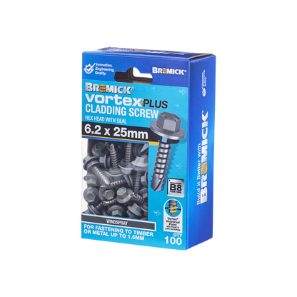 Bremick Vortex Plus Cladding Screw - 6.2 x 25mm - Hex Head - 100 Pack
