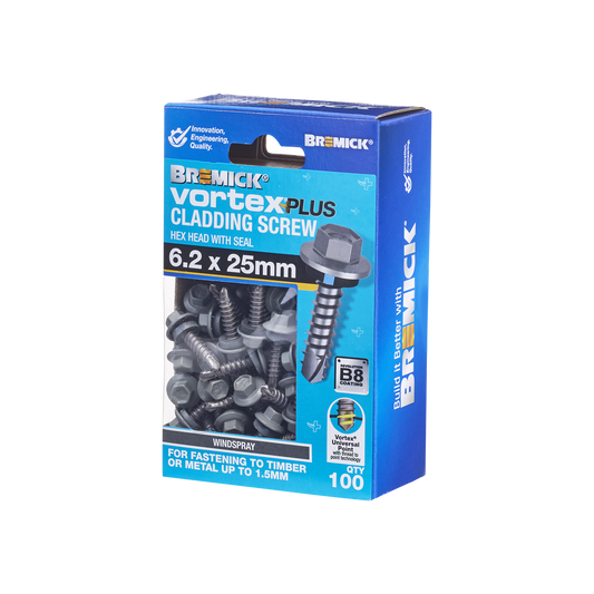 Bremick Vortex Plus Cladding Screw - 6.2 x 25mm - Hex Head - 100 Pack