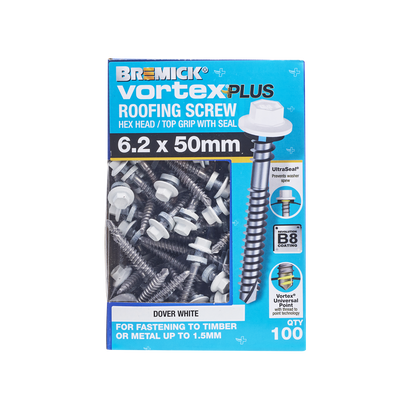 Bremick Vortex Plus Roofing Screw - 6.2 x 50mm - Hex B8 DW- 100 Pack
