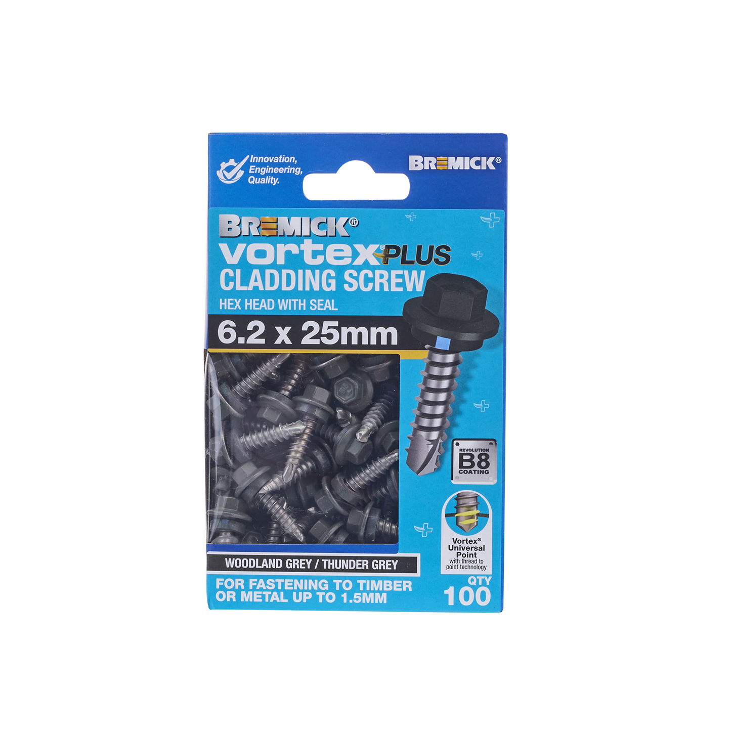 Bremick Hex Vortex Plus Cladding Screw - 6.2 x 25mm - 100 Pack
