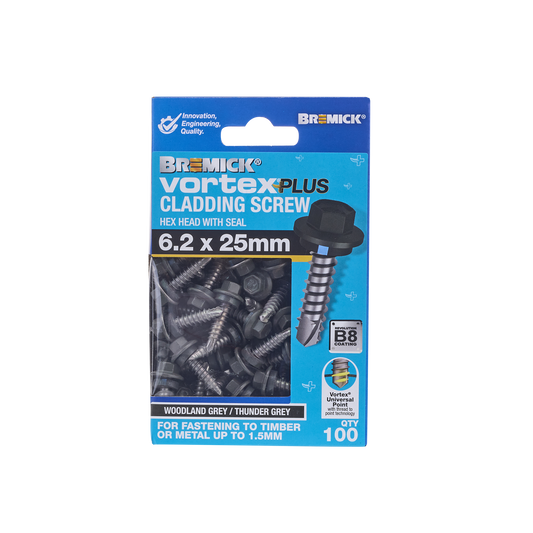 Bremick Hex Vortex Plus Cladding Screw - 6.2 x 25mm - 100 Pack