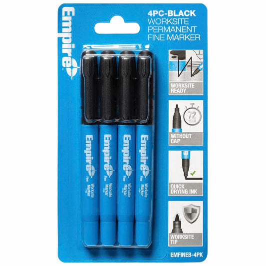 Empire Black Fine Tip Worksite Marker - 4 Pack - Clog Resistant - Quick Dry
