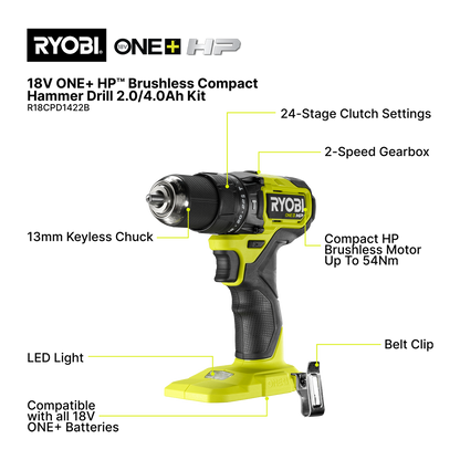 Ryobi HP Compact Hammer Drill Kit - 18V ONE+ - 54Nm - 2.0Ah & 4.0Ah