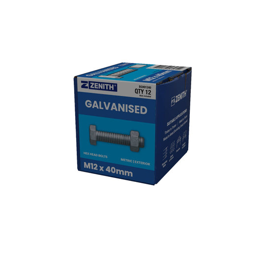 Zenith M12 x 40mm Hot Dip Galvanised Hex Head Bolts and Nuts - 12 Pack