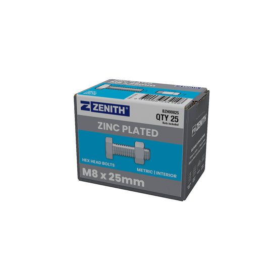 Zenith M8 x 25mm Zinc Plated Hex Head Bolts and Nuts - 25 Pack