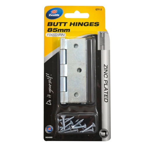 Lane 85 x 60 x 1.6mm Zinc Plated Fixed Pin Durasmooth Butt Hinge - 2 Pack