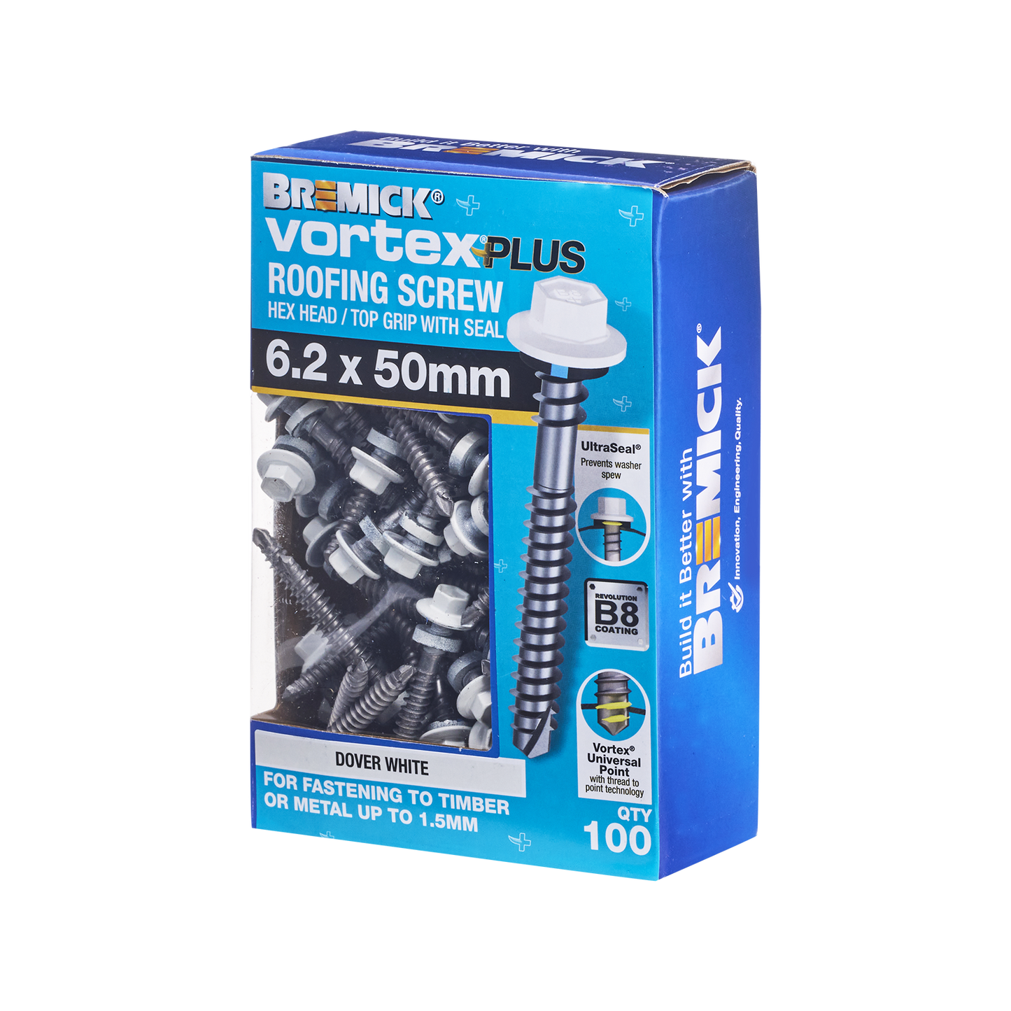 Bremick Vortex Plus Roofing Screw - 6.2 x 50mm - Hex B8 DW- 100 Pack