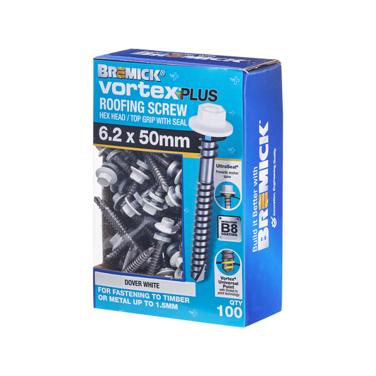 Bremick Vortex Plus Roofing Screw - 6.2 x 50mm - Hex B8 DW- 100 Pack