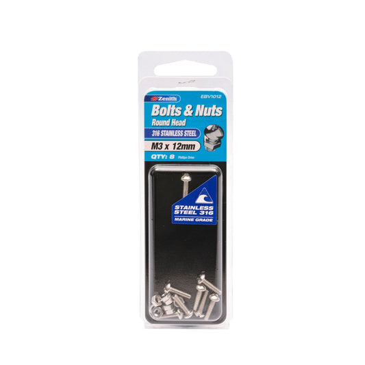 Zenith 316 Stainless Steel Round Head Bolt M3 x 12mm 8 Pack