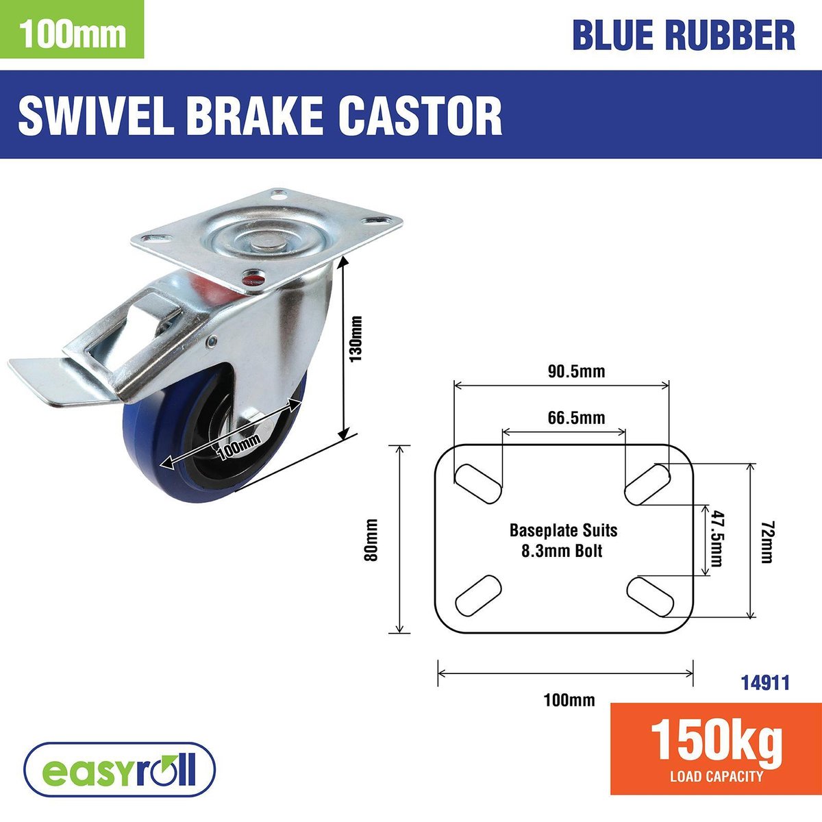 Easyroll Swivel Brake Castor - 100mm - Blue - Rubber - 150kg Load