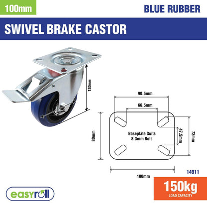 Easyroll Swivel Brake Castor - 100mm - Blue - Rubber - 150kg Load