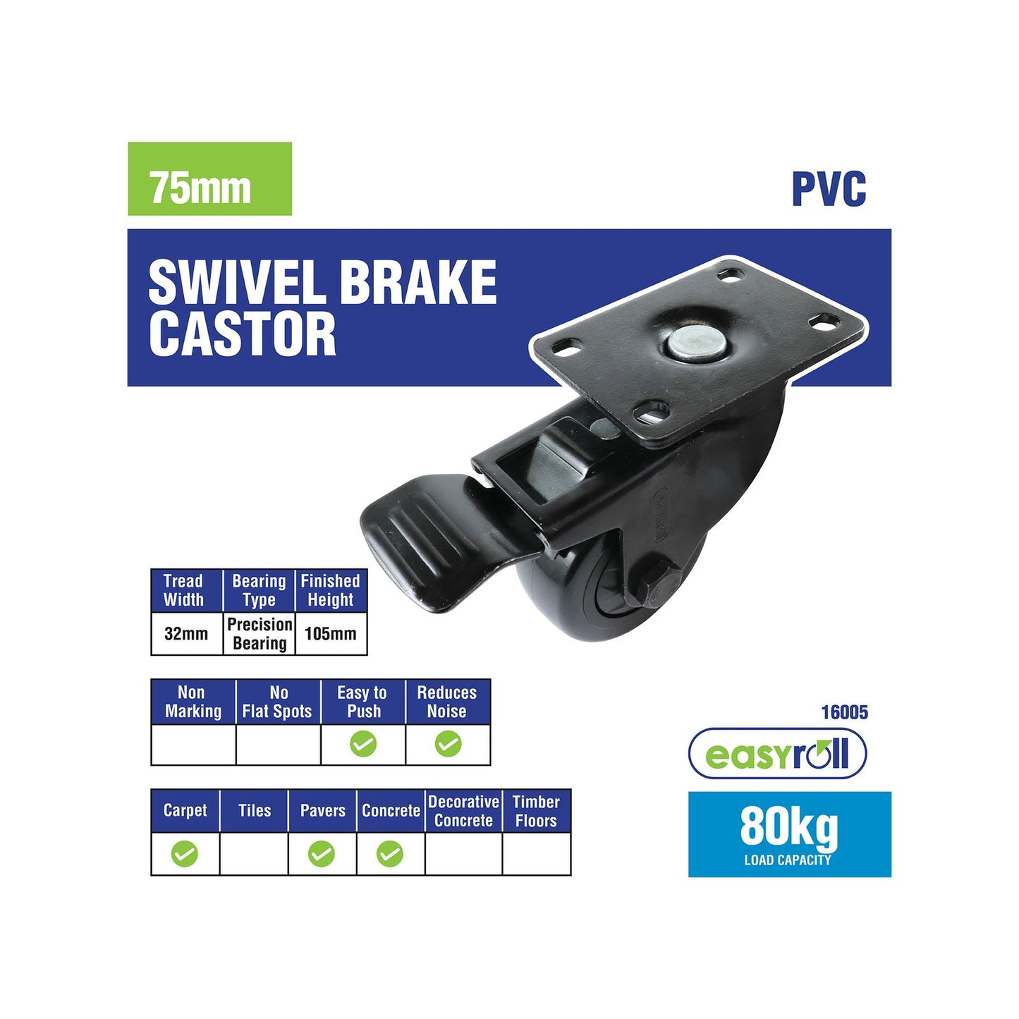 Easyroll Swivel Castor - 75mm - PVC - With Brake
