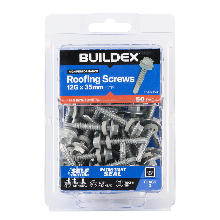 Buildex 12g x 35mm Class 3 Roofing Teks Screws with Seal 50 Pack