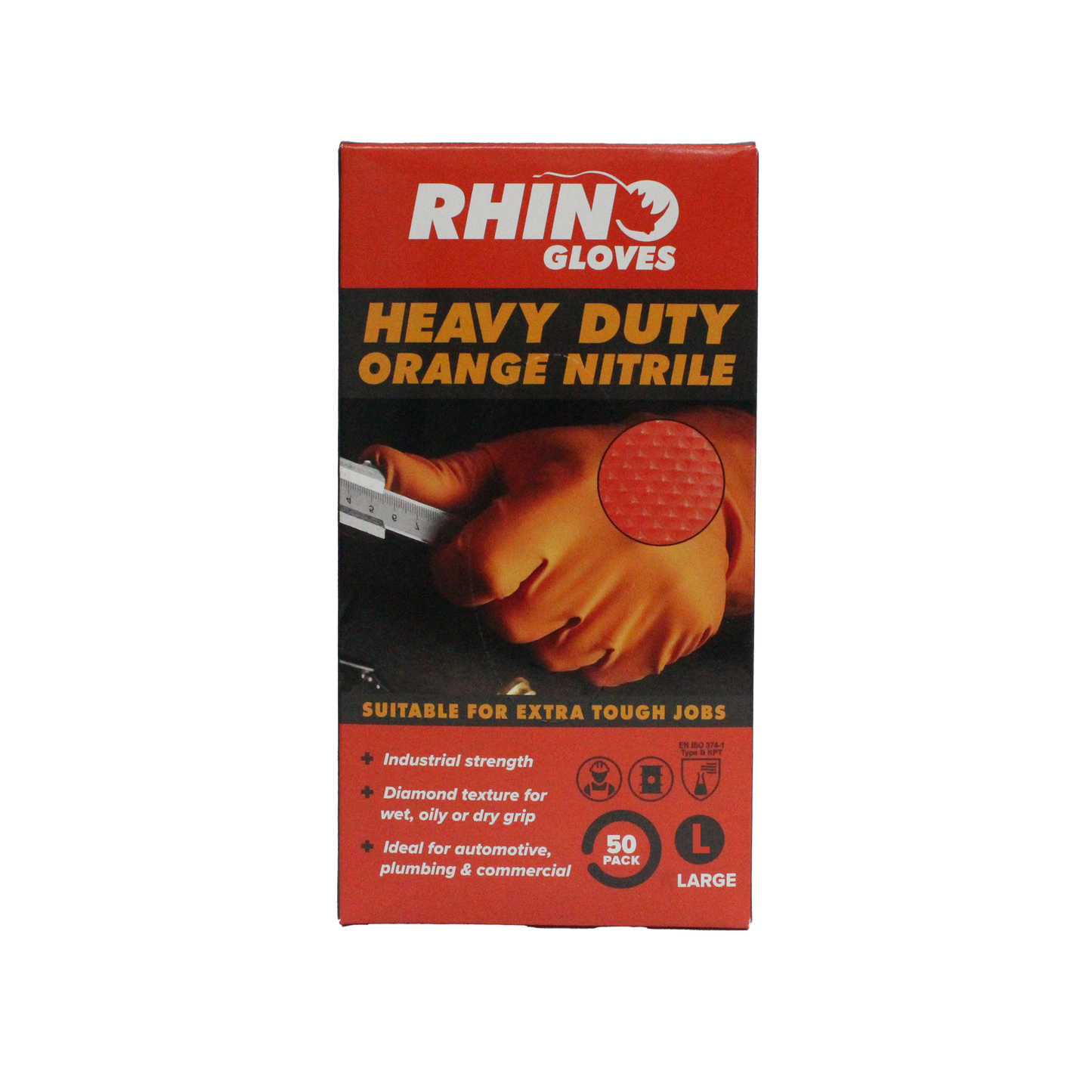 Rhino Large Nitrile Disposable Gloves - 50 Pack - Orange