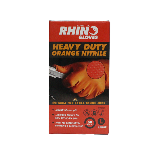 Rhino Large Heavy Duty Orange Nitrile Disposable Gloves - 50 Pack