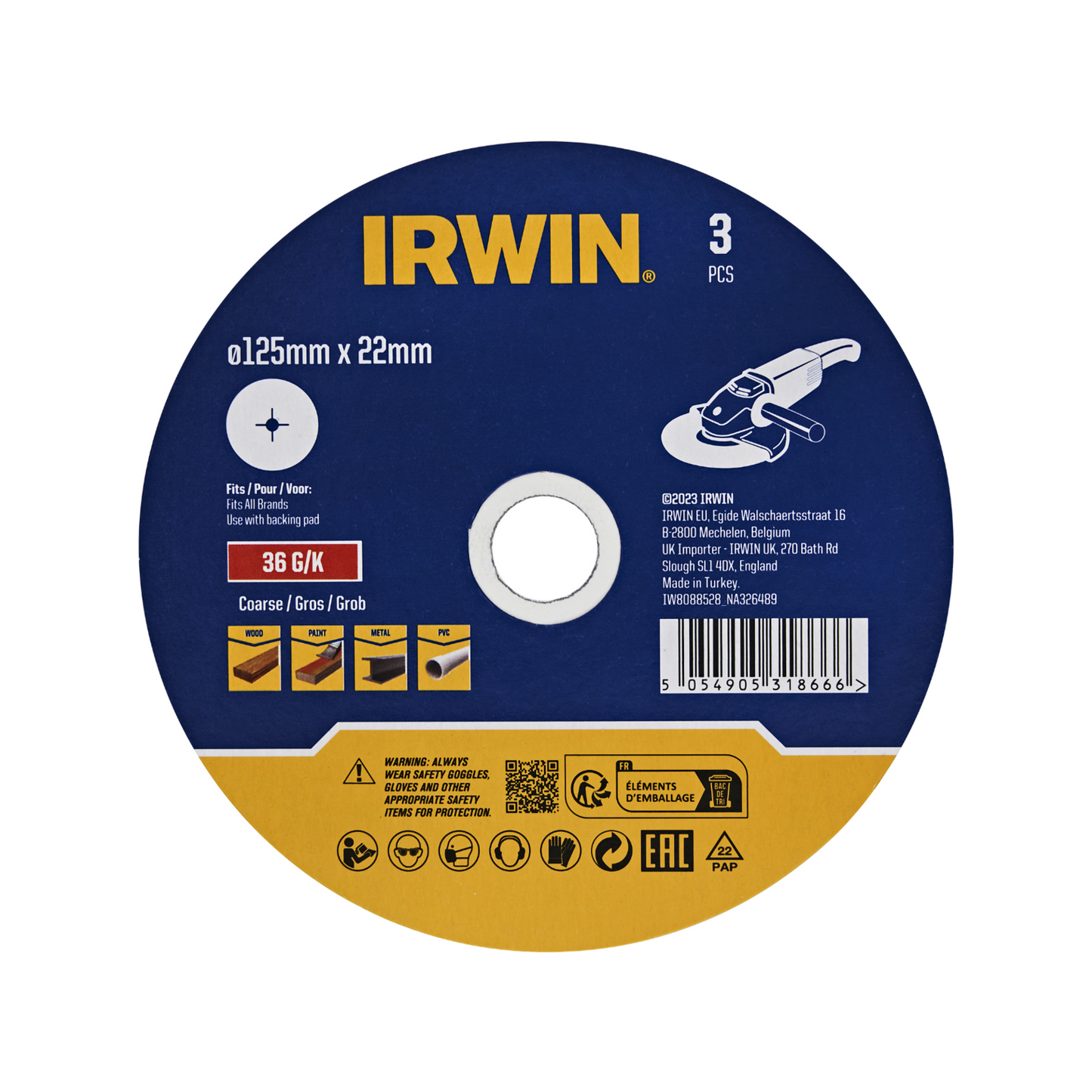 Irwin Fibre Disc - 125 x 22mm - 36 Grit - 3 Pack