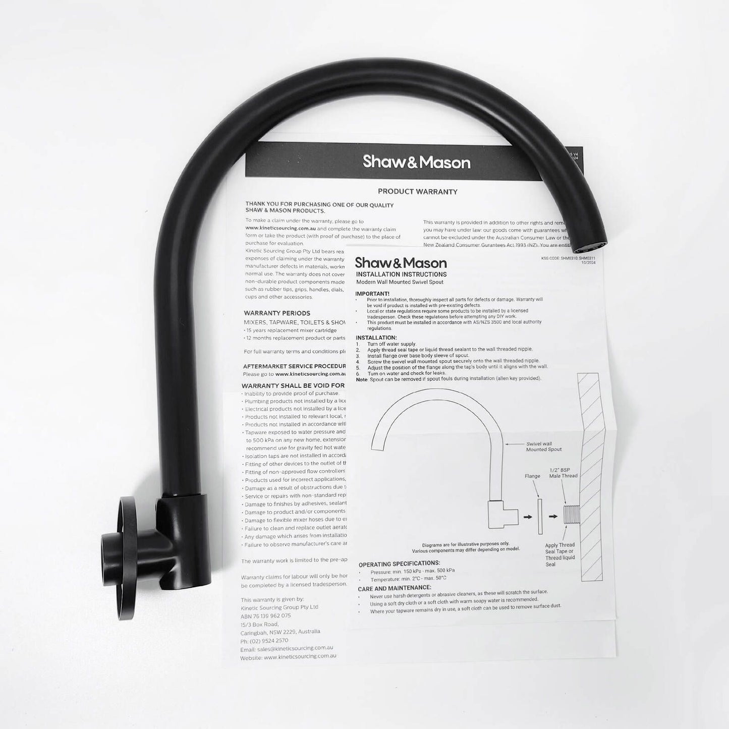 Shaw Mason Black Matte Swivel Wall Mounted Spout - 250mm