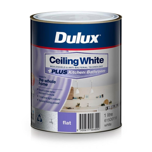Dulux White Ceiling Plus Paint 1L Water-Based Flat Finish Mould Shield